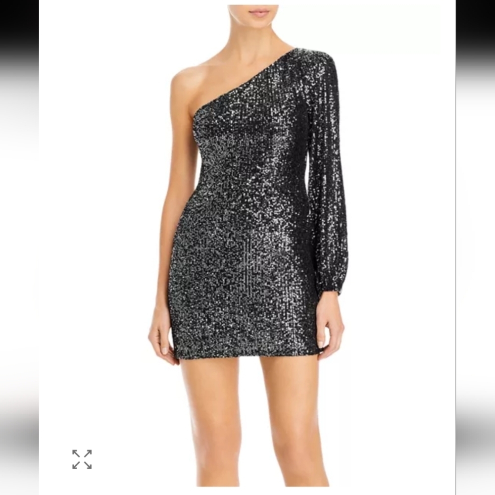 BB Dakota Sequin Skater Sparkle One Shoulder Mini Dress Metallic Black Sz M